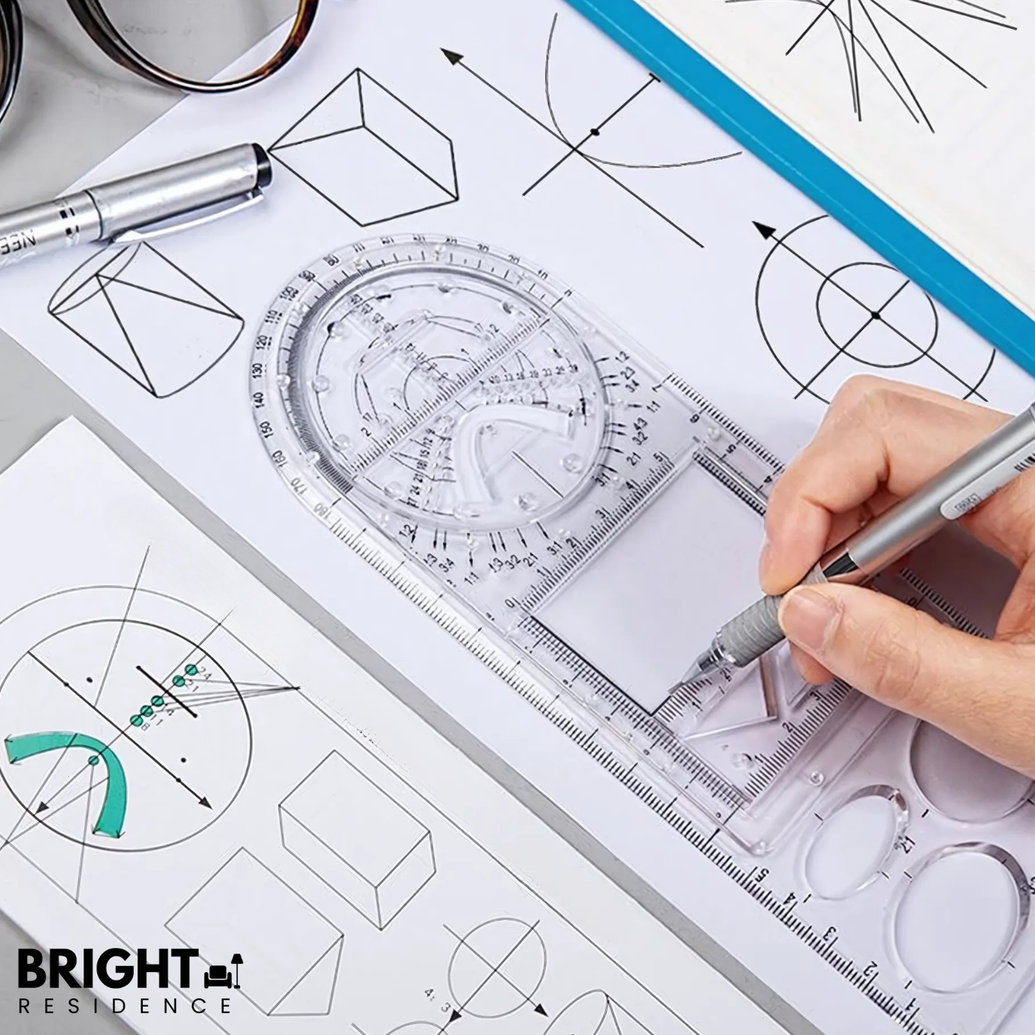 Geometry Template | 14 Shapes in One Ruler | Non Slip and Clear | Astra