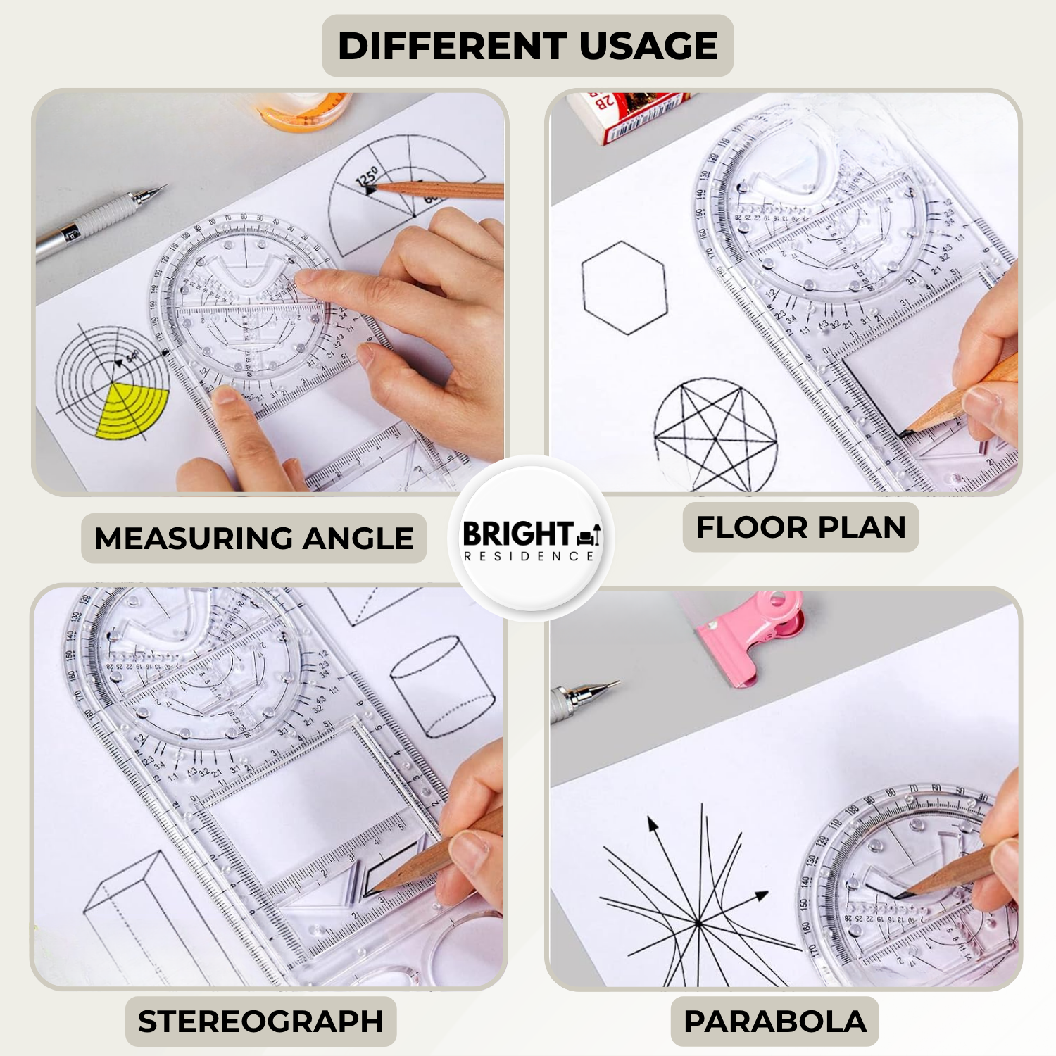 Geometry Template | 14 Shapes in One Ruler | Non Slip and Clear | Astra