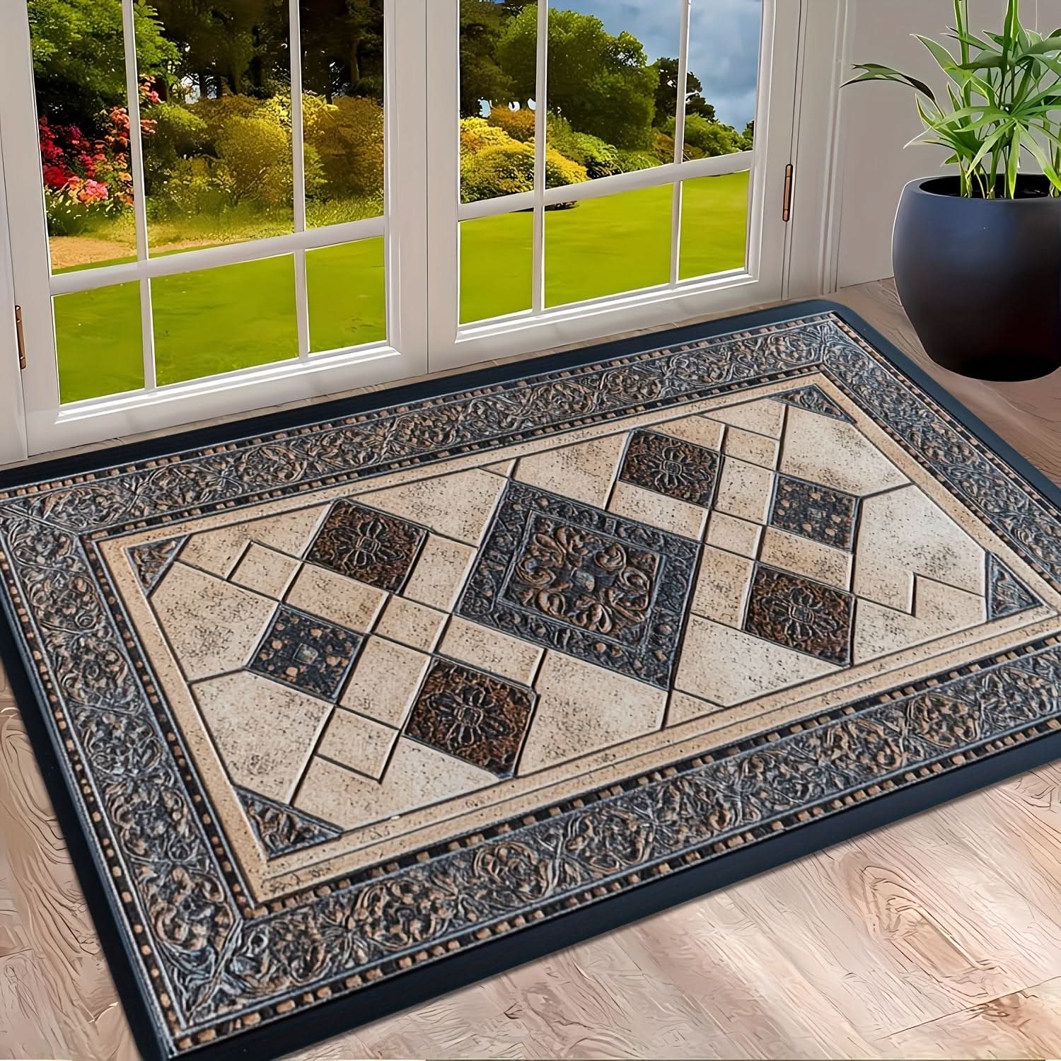 Door Mat | Machine Washable | Non-Slip Geometric Border | Shale