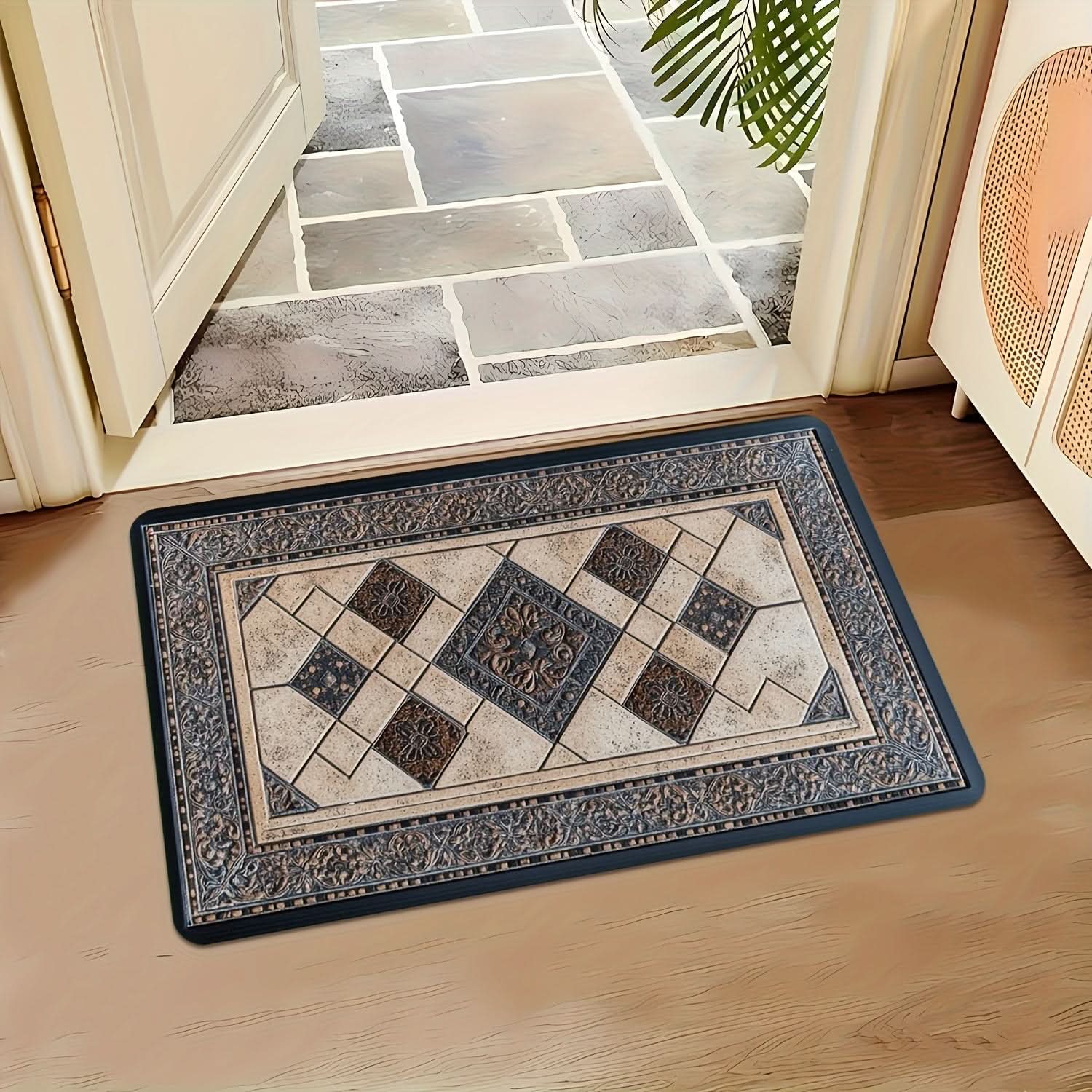 Door Mat | Machine Washable | Non-Slip Geometric Border | Shale