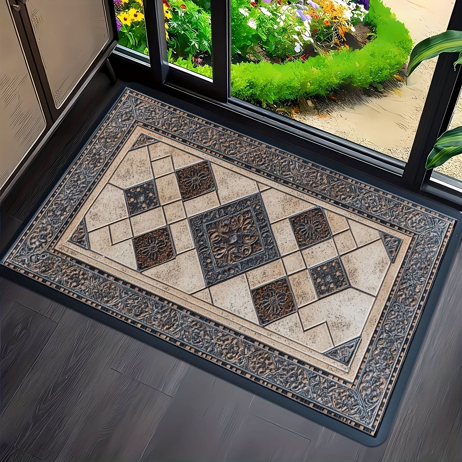 Door Mat | Machine Washable | Non-Slip Geometric Border | Shale