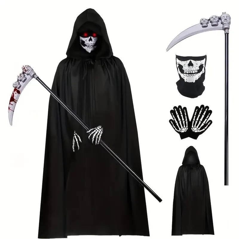 Adult Halloween Costume | Light-Up Red Eyes | Reaper Scythe | Raven