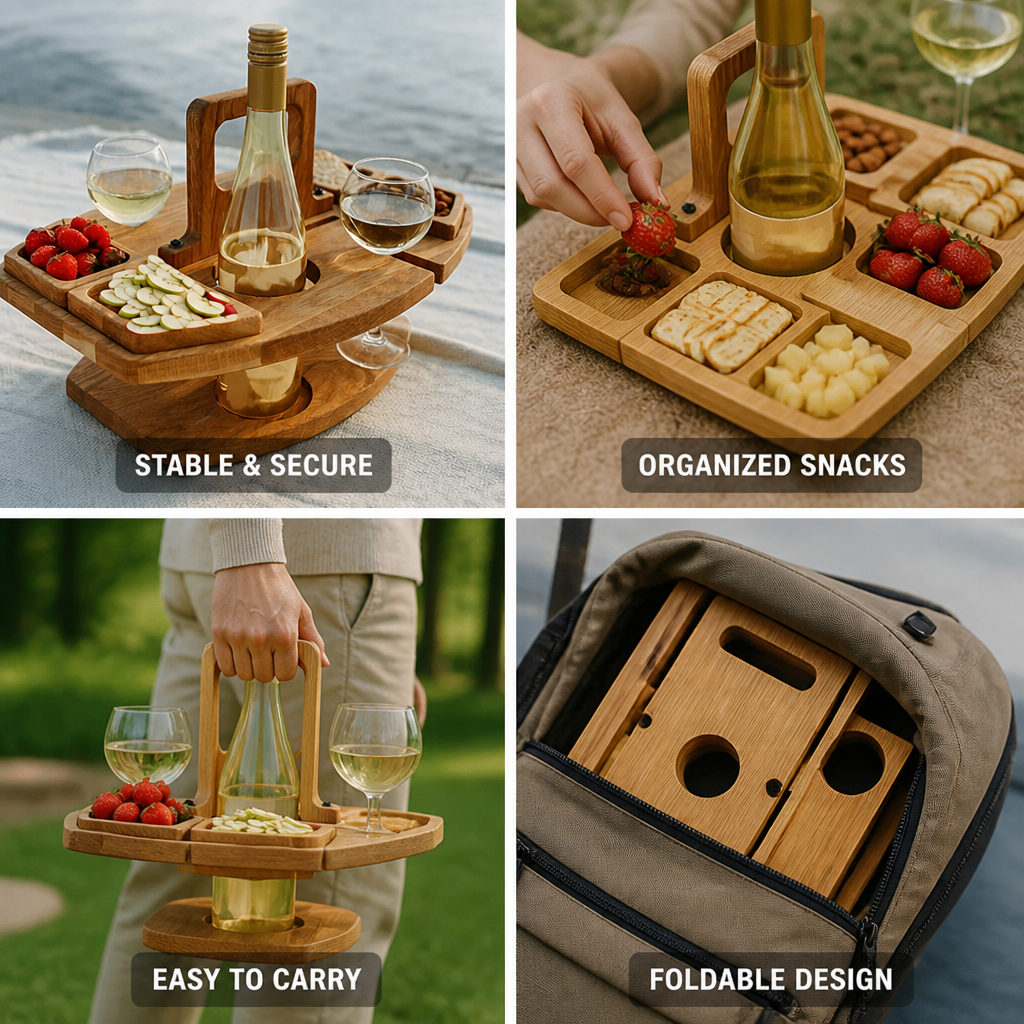 Foldable Acacia Wood Wine Table (Bottle & Glass Holders)