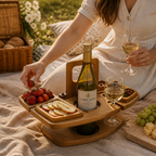 Foldable Acacia Wood Wine Table (Bottle & Glass Holders)