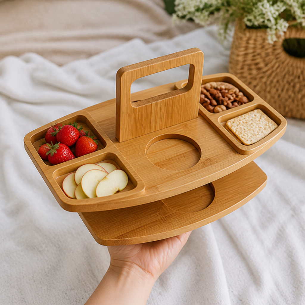 Foldable Acacia Wood Wine Table (Bottle & Glass Holders)
