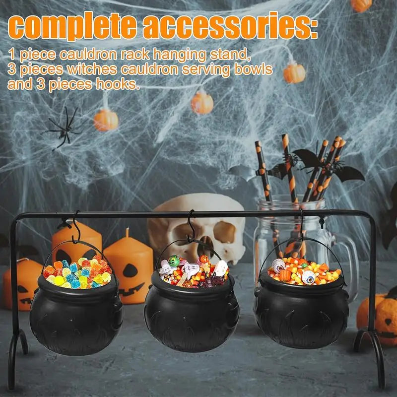Halloween Candy Bowl Set | 3 Mini Cauldrons | 21.65 in Iron Stand | Yarrow