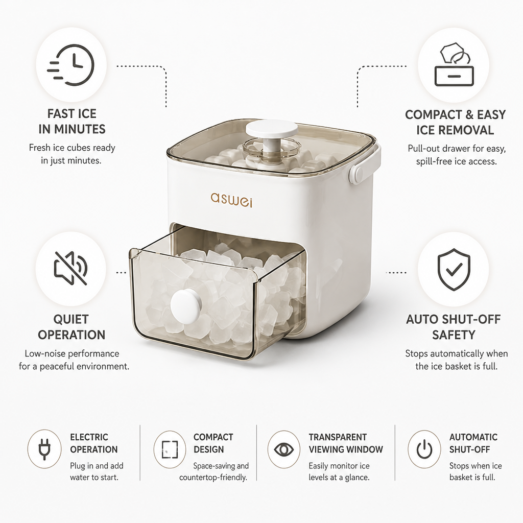 Fast Compact & Quiet Countertop Ice Maker