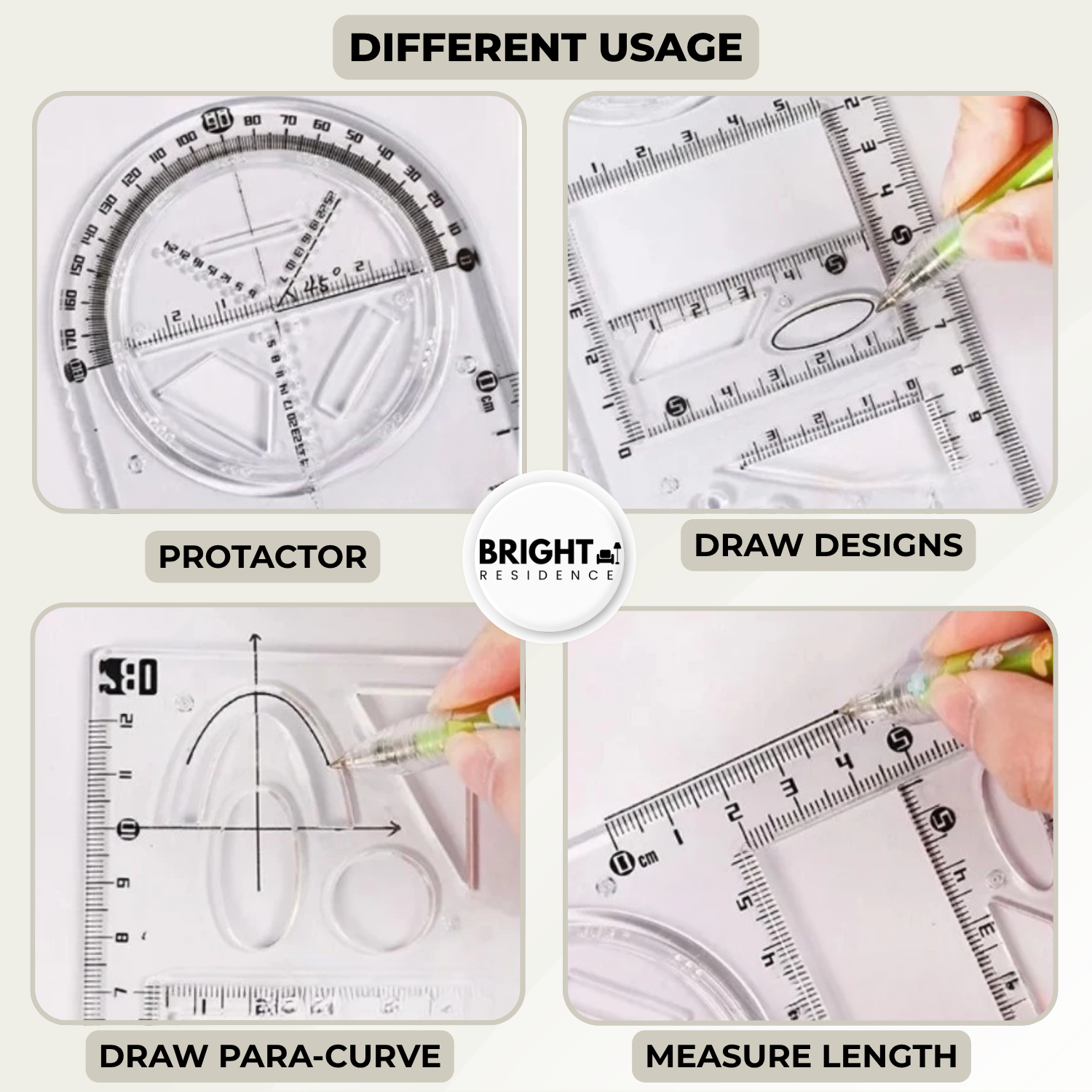 Geometry Template | 14 Shapes in One Ruler | Non Slip and Clear | Astra