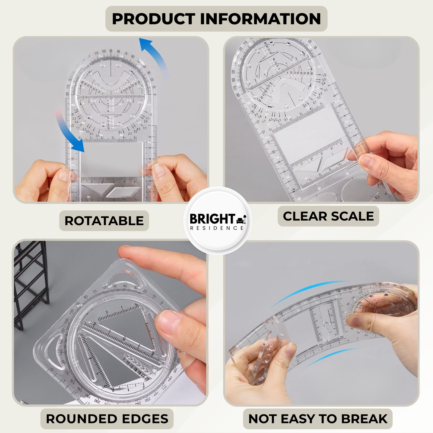 Geometry Template | 14 Shapes in One Ruler | Non Slip and Clear | Astra
