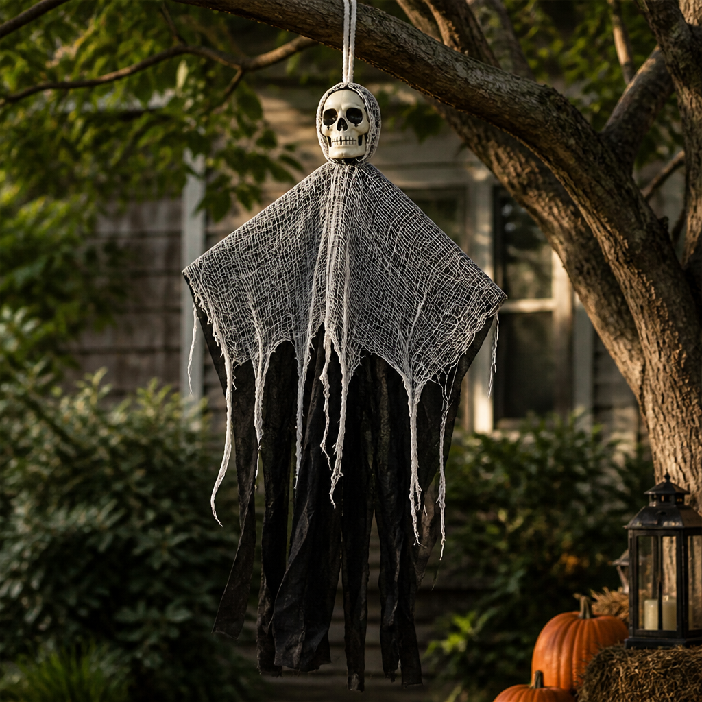 Hanging Skull & Spider Web Decoration (Indoor/Outdoor)