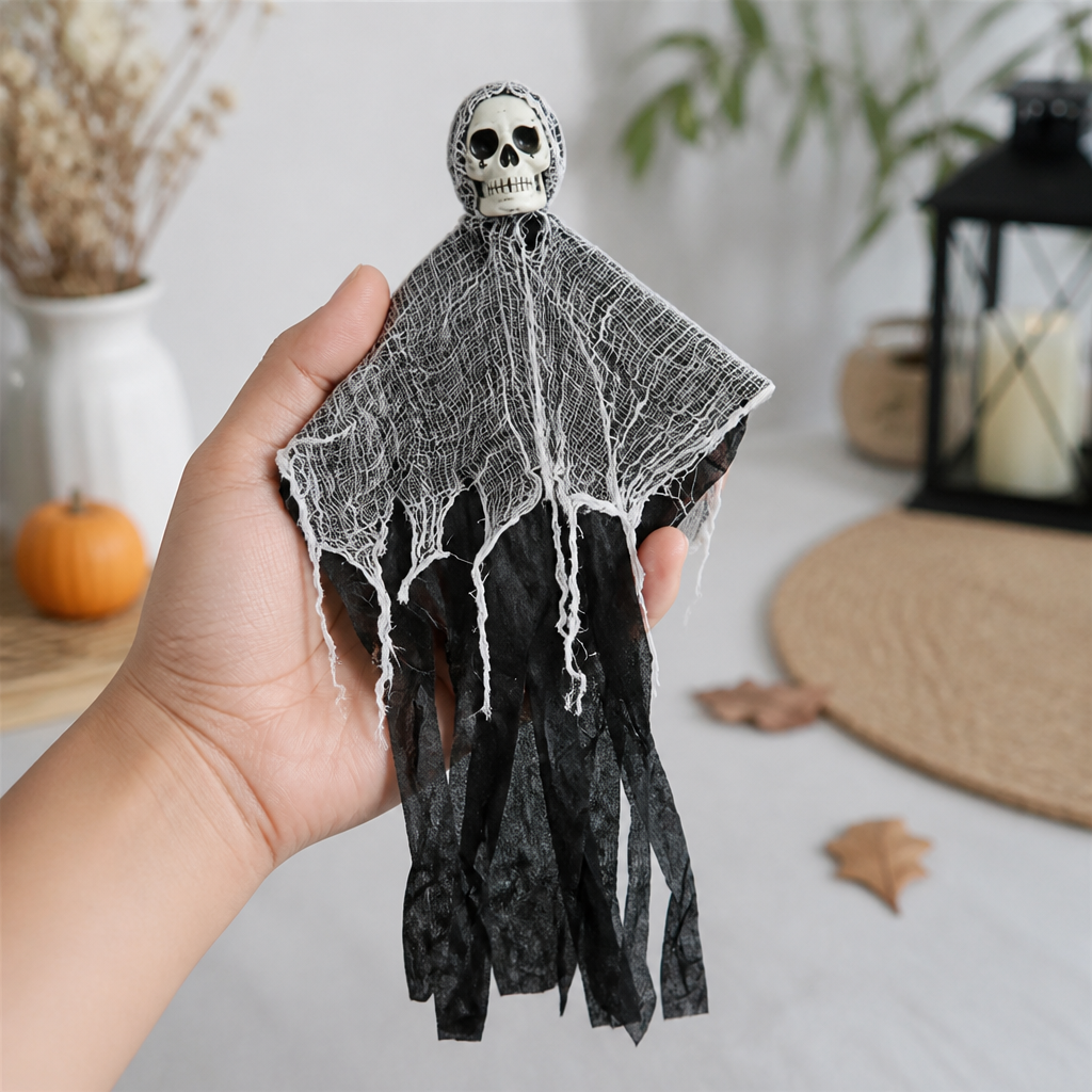 Hanging Skull & Spider Web Decoration (Indoor/Outdoor)