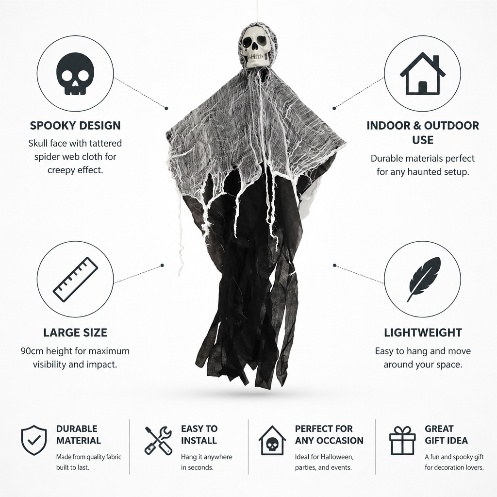 Hanging Skull & Spider Web Decoration (Indoor/Outdoor)