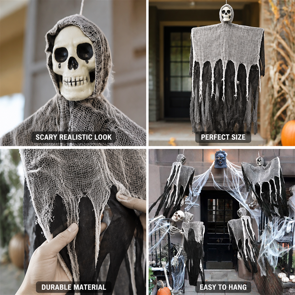 Hanging Skull & Spider Web Decoration (Indoor/Outdoor)