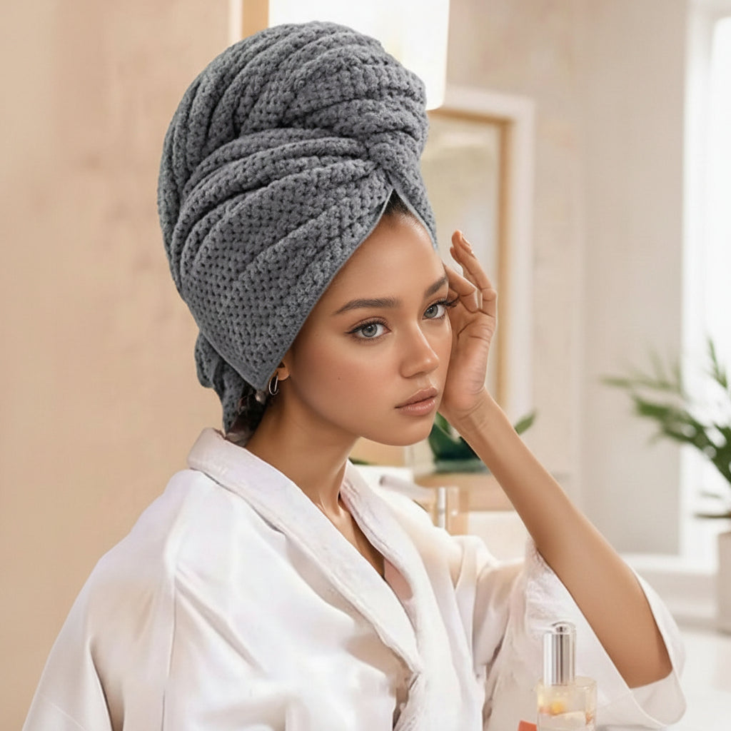 Hair Towel Wrap | Quick-Dry Coral Velvet | Button Loop Closure | Foxglove