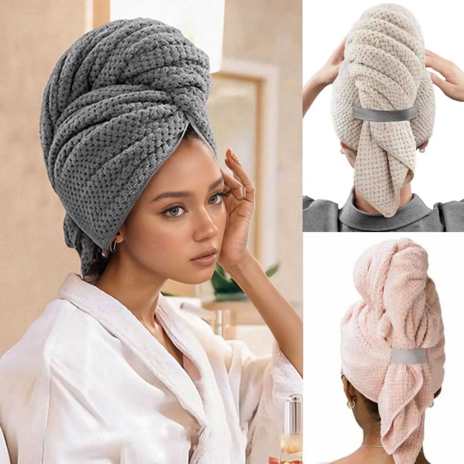 Hair Towel Wrap | Quick-Dry Coral Velvet | Button Loop Closure | Foxglove