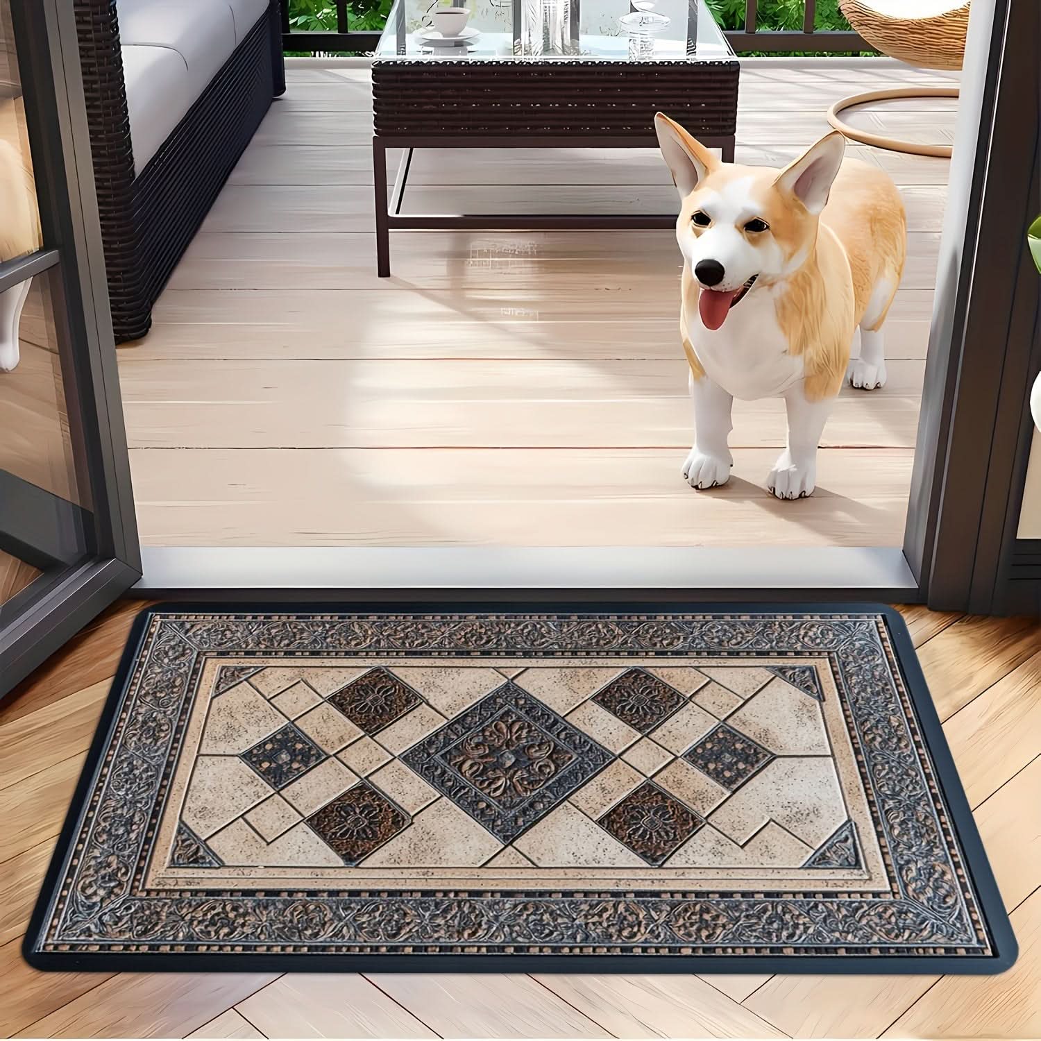 Door Mat | Machine Washable | Non-Slip Geometric Border | Shale
