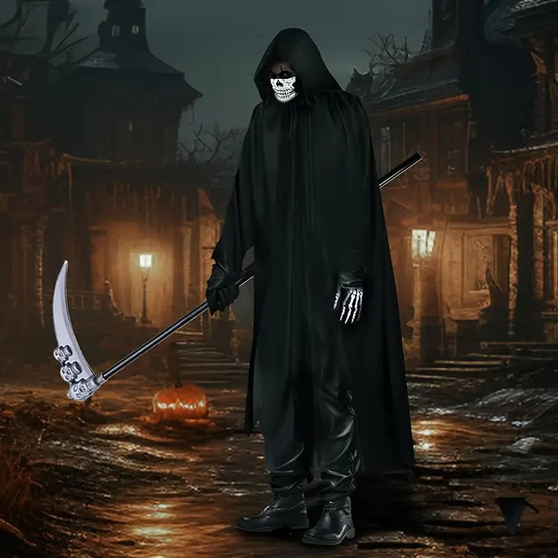 Adult Halloween Costume | Light-Up Red Eyes | Reaper Scythe | Raven